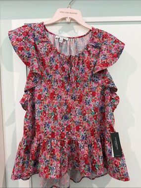 Liverpool Floral Ruffle Sleeveless Blouse - Red Pink Multi